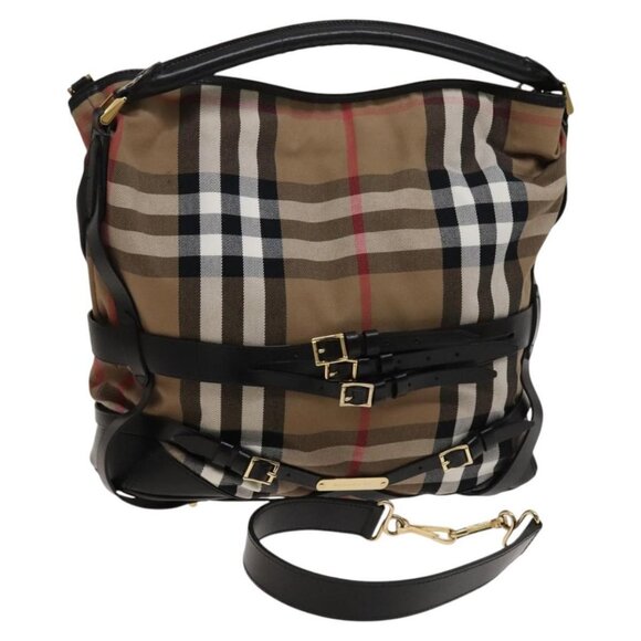 BURBERRY Nova Check Shoulder Bag Canvas 2way Beige Gold Auth 120971 - Picture 1 of 16